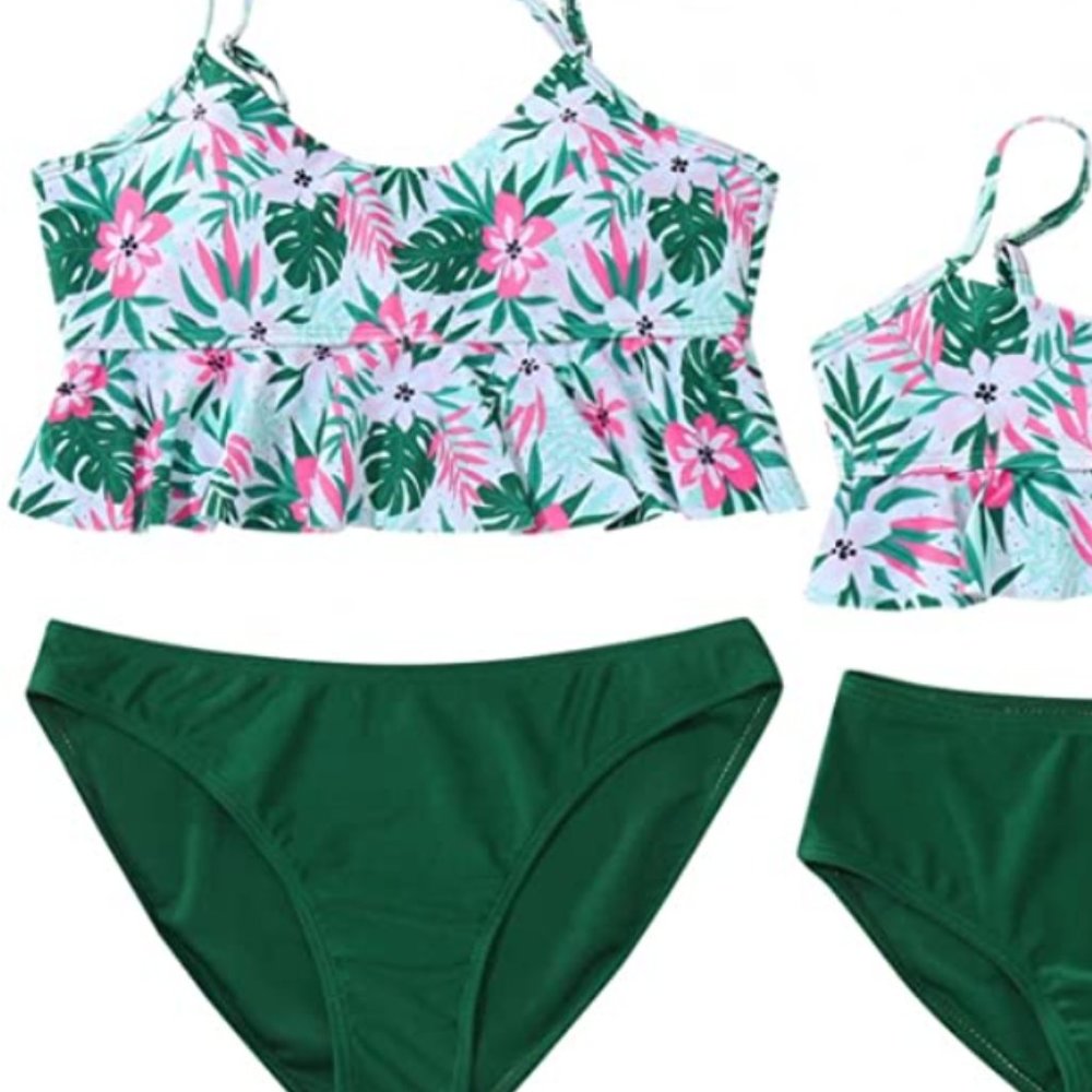 Floral Printed Bathing Suit Waist Ruffle Bodysuit Bikini, LARGE
